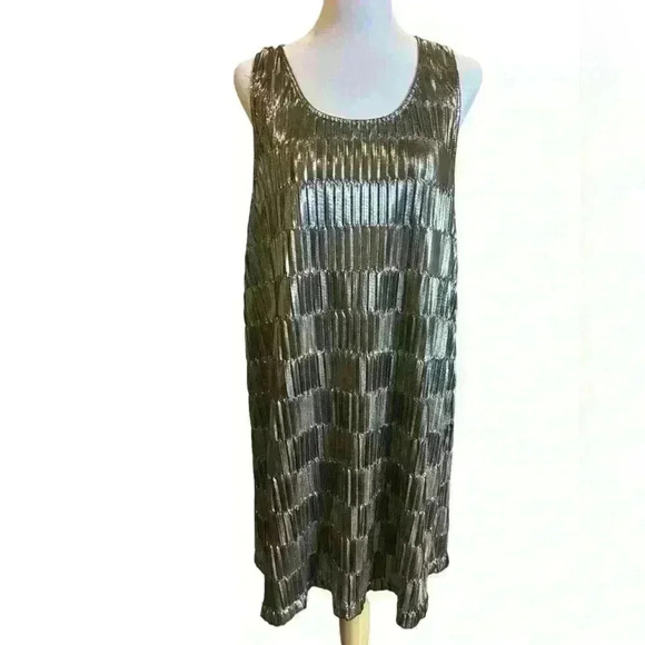 Minkpink Metallic Shiny Silver Midi  Dress Size Medium With Scoop Neckline - Picture 1 of 5